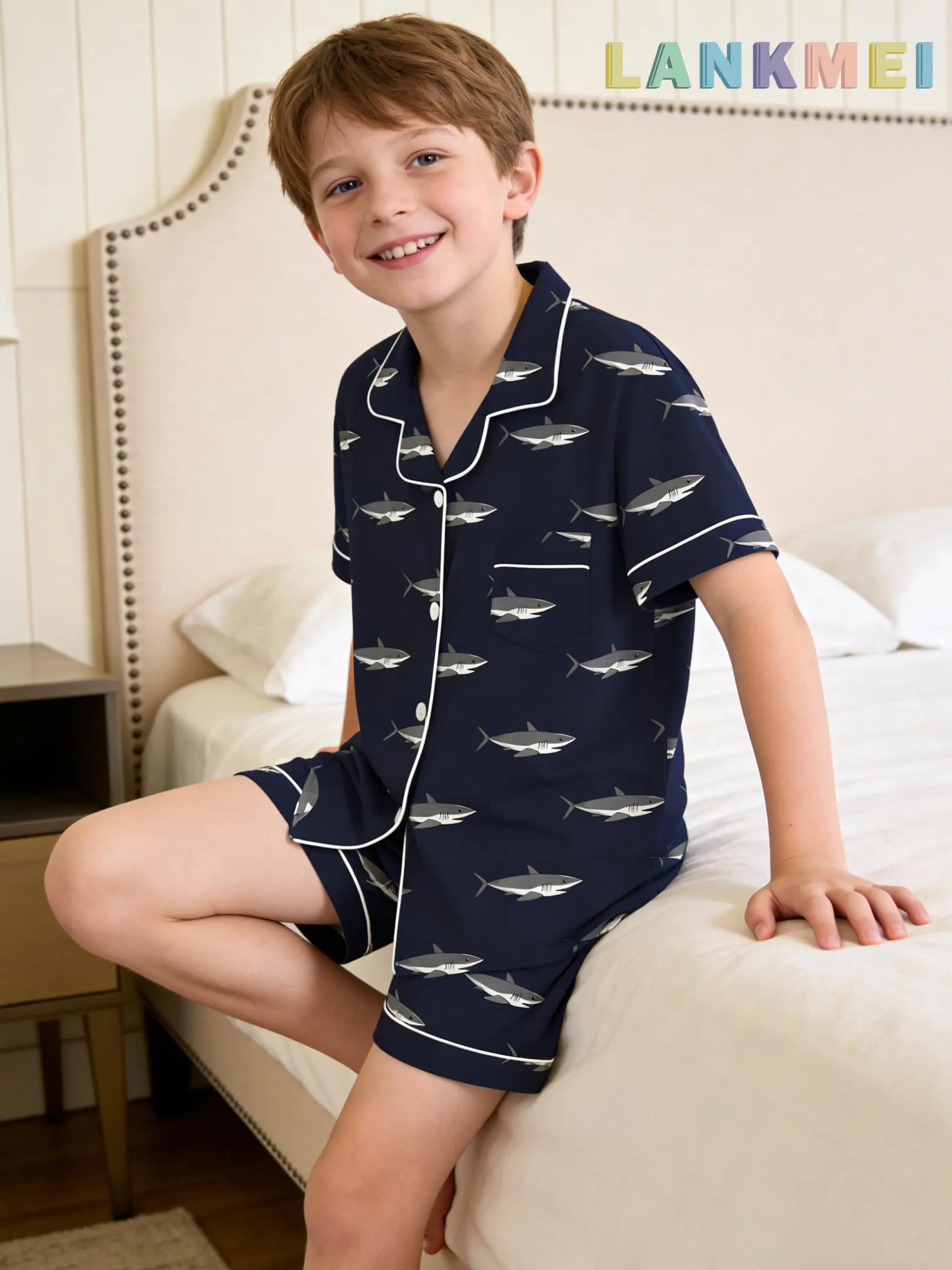 Boys Shark Pajama Set 2 Piece Sets Kids Button Down Comfortable Homewear, Soft Summer Sleepwear for Ages 5-14