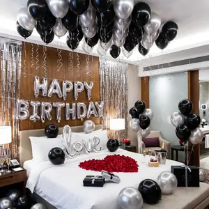 574pcs Silver & Black Birthday Decoration Set 500 Nonwoven Fabric Petals Happy Birthday Banner Letters Love Heart Foil Balloons Thick Latex Balloons Dark Aesthetic Party Background for Romantic Bedroom Decor Multicolor