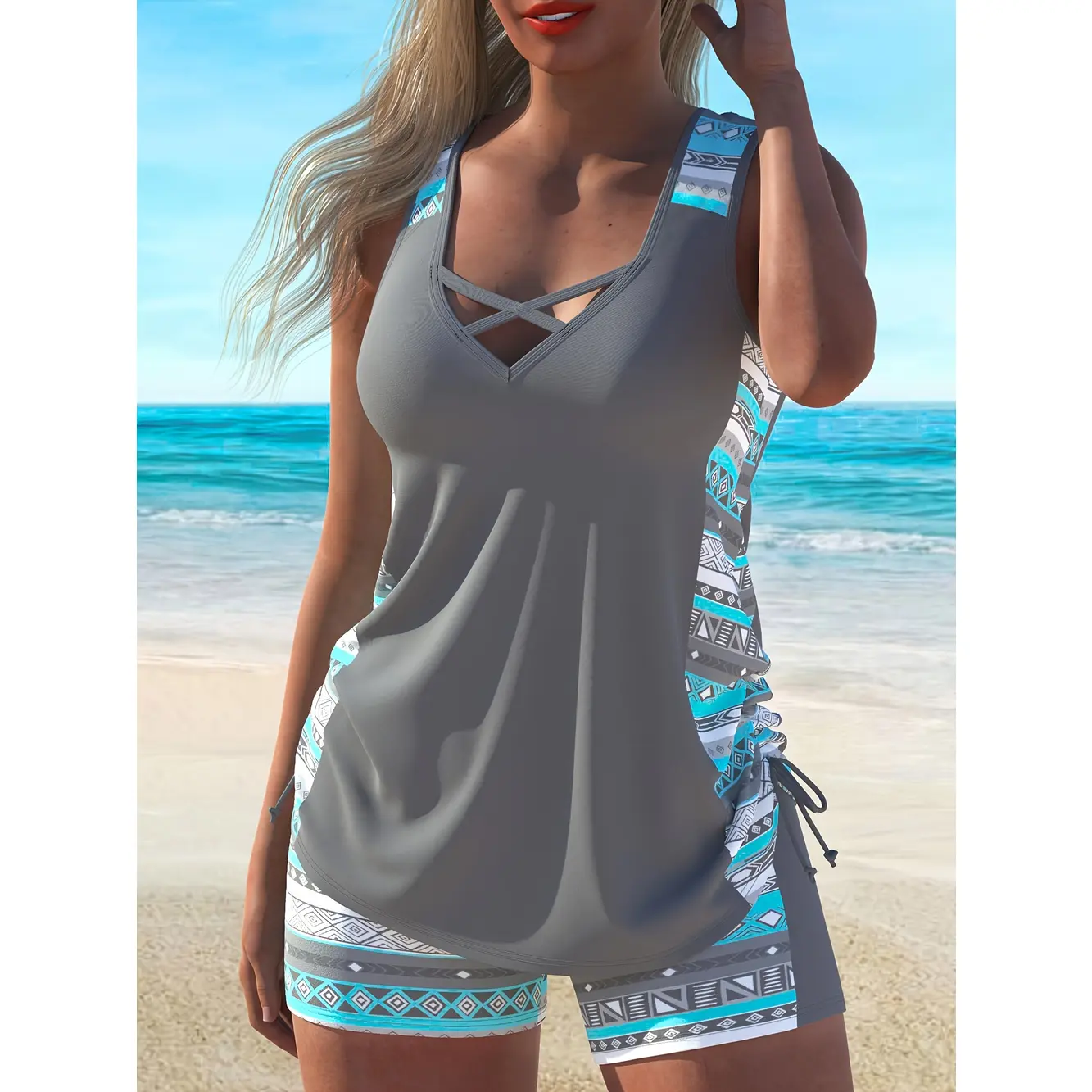 2026 New Geometric Tankini Set for Women, Criss Cross Neck High Waist Swimwear with Shorts, Modest Beach Outfit Y2K Grey Blue Tankini Swimwear, Criss Cross Tank Top with Boyshorts comfortable beachwear tummy control pool