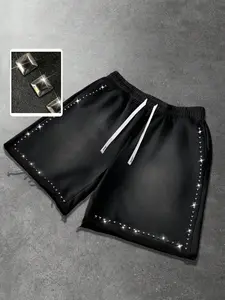 Men's Summer Casual Sport Shorts, Drawstring Design, Rhinestone Detail, Regular Fit, Perfect for Daily Wear and Outdoor Activities, Loose Sporty Shorts