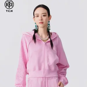 TCH—Light Luxury，Unisex Outfit, New Arrival Rhinestone Design Baby Pink Zip Up Hoodie