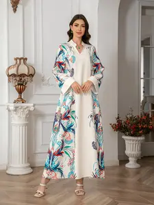 Muslim Women's Printed Abaya Dress, Elegant Long Sleeve Loose-Fitting Maxi Skirt, All Seasons Fashionable Clothing