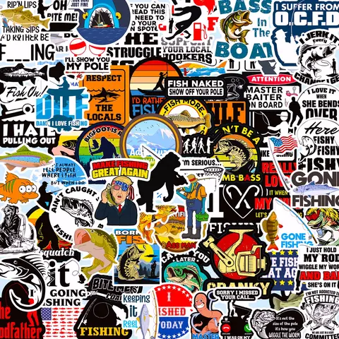 73PCS Collectible Fish Stickers with 73 Unique Designs - Water Resistant Vinyl Labels, Car Decals for Laptops & Office Supplies, Fishing Buddies & Laughs Themed Decor for Multiple Surfaces
