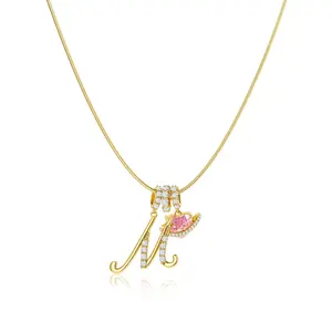 14K Gold Plated 3-Layering Initial A-Z Letter Pendant Necklaces for Women Snake Chain Choker Pink Heart Zircon Adjustable Length Necklace Jewelry For Valentine's Day gifts