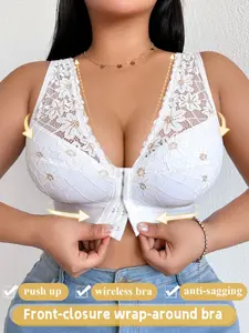 Plus-Size Women's lace front-closure bra, deep V design for lift and cleavage enhancement, providing full support and comfort for everyday wear.
