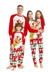 Christmas Family Matching Set, Cartoon Reindeer Bear Print Top & Striped Pants, Casual Fitted All Seasons Wear