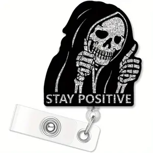 Silver Glitter Retractable Badge Reel with Clip for ID Cards, Funny Skull Design Ideal Gift for Nurses Doctors and Students, Halloween, Badge Decoration