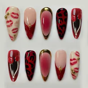 30pcs Almond Shape False Nails Nail Art Design in Deep Cherry with Leopard Print, Glossy Finish and Detailing, Jelly Adhesive Included
