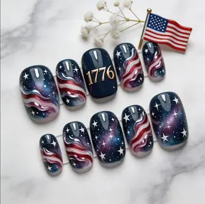 USA Flag Fourth of July Press On Nails Patriotic Galaxy Flag Nail Art Gif For Her On Independent Day