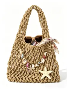 Ocean Shell Net Weave Tote Bag, Fresh and Fashionable, Handmade Crochet Shoulder Bag, Ideal for Vacation, Shopping, Social Events