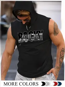 Summer New Men's Casual Sports Hooded Tank Top, Rocky Pattern, Sleeveless Printed Hoodie for Outdoor Activities, Graphic Print Hoodie
