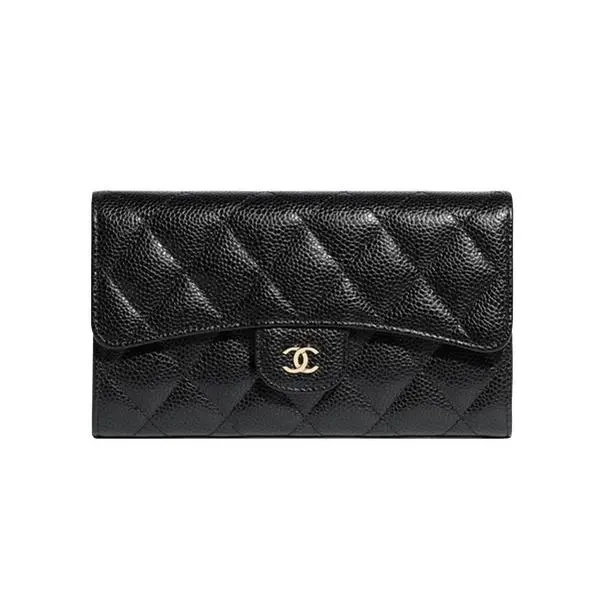 Pre-owned CHANEL Classic Long Flap Wallet Black Caviar Diamond Quilted Leather Gold Interlocking CC Long Purse