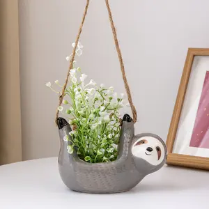 Cute Cartoon Sloth Ceramic Hanging Planter, Large Diameter for Indoor Succulent Plants, Lightweight Design with Swing Rope, Swinging Planter for Adorable Decoration