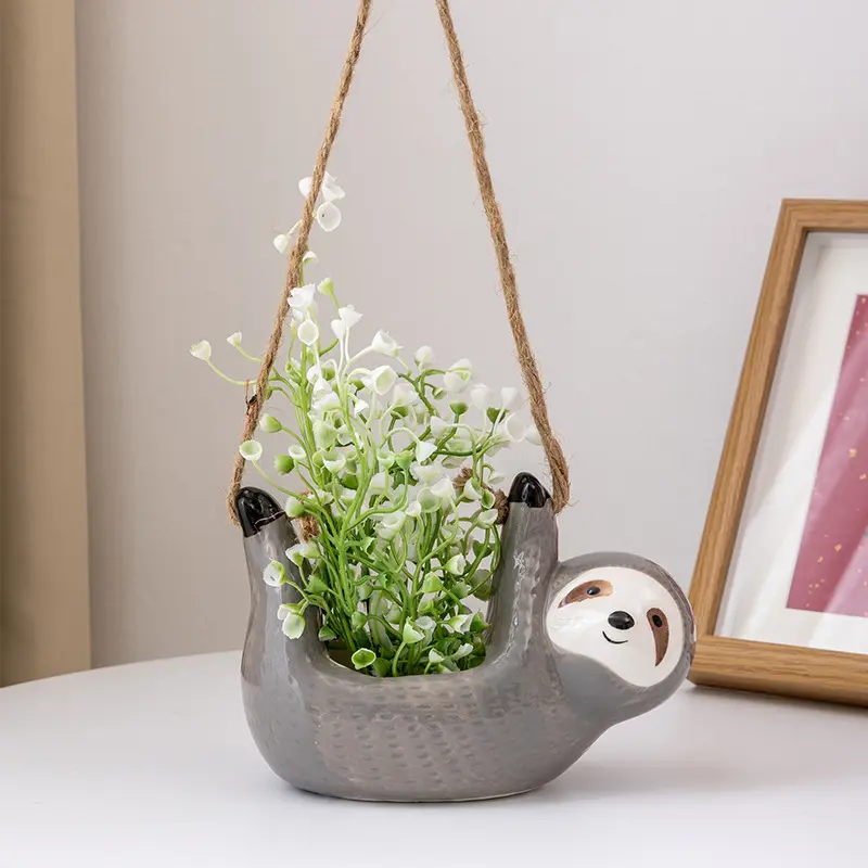 Cute Cartoon Sloth Ceramic Hanging Planter, Large Diameter for Indoor Succulent Plants, Lightweight Design with Swing Rope, Swinging Planter for Adorable Decoration, Hanging Flower Pots