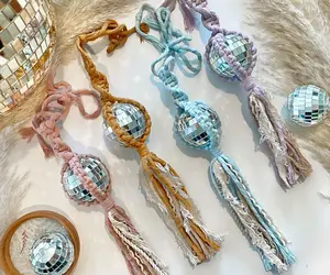 Disco Macrame Rearview Mirror Car Charm - Handmade in Southern California