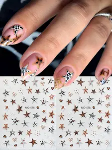 2pcs 3D Stars & Leopard Print Nail Art Stickers, French Style Coffee Color Y2K Animal Print, DIY Nail Art Self-Adhesive Decals for Autumn/winter Nails