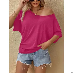 Color Loose The Off tiktok LUNE Hot Pink Shoulder Tee Casual Solid Top