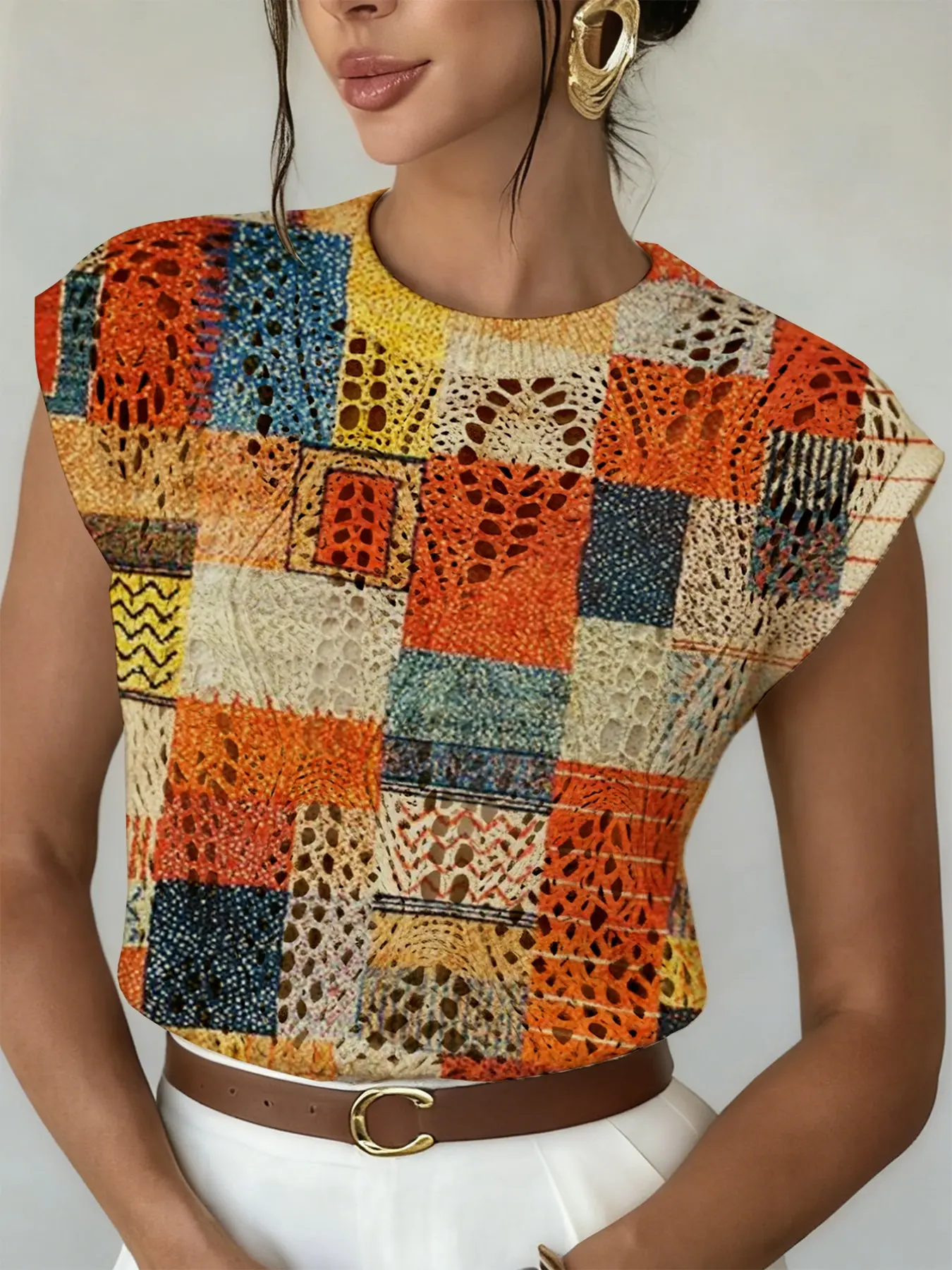Women's Boho Colorblock Crochet Patchwork Floral Sweater, Casual Loose-Fitting Short Knit Top, Breathable Summer & Spring Fashion