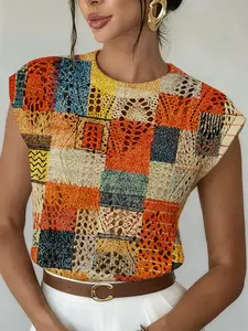 Women's Boho Bohemian Colorblock Crochet Patchwork Floral Sweater, Casual Loose-Fitting Short Knit Top Knitwear, Breathable Summer & Spring Fashion, Chic