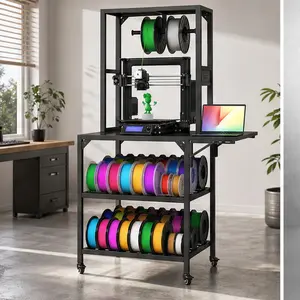 ARCH Heavy Duty 3D Printer Stand with Filament Storage Rack, T-Shaped Spool Holder, Wheels, Metal Workbench Table for 3D Printing Studio, Home Office Workshop, Black, Multiple Material Options, Black Color Options, Acrylic/MDF/Metal Material