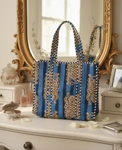 Block Printed Tiger Tote in Navy Blue