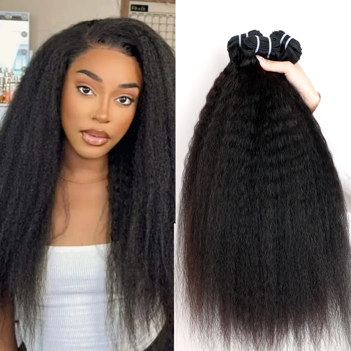 PERMISMODA HAIR SHOP Kinky Straight Bundles 16A Yaki Straight Human Hair 3 Bundles Deal 12-32 Inches Virgin Human Hair Extensions Natural Color Virgin Remy Hair Weft