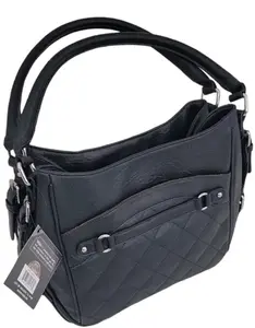 Quilted Hobo Bag Purse Tote Hand Bag PU Leather Black Medium Size Conceal Carry Pocket Includes Holster
