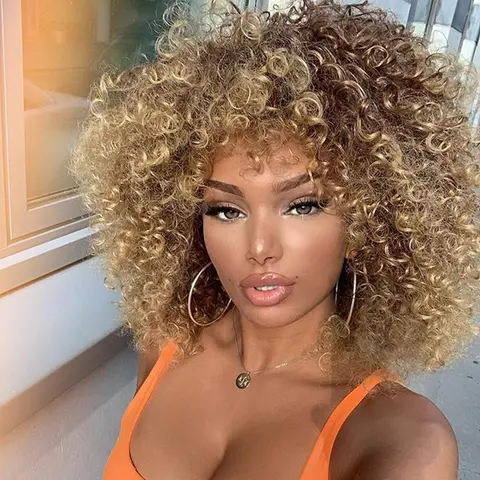 Xinran Synthetic 14-inch blonde curly wig, brown mixed Gold Afro wig for Black women Heat resistant for everyday wear (brown to gold)
