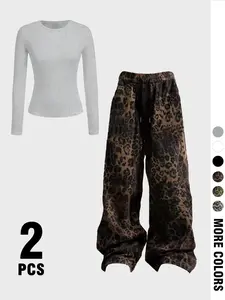 Two-Piece Set Long Sleeve Top & Loose Leopard Print Pants, Street Style, Elastic Waist, Lightweight Fabric, Casual Home Wear