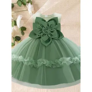 Baby Girl's Floral Decor Bow Back Frill Trim Formal Dress, Elegant Sleeveless Round Neck Tulle Dress Party Guest, Infant Toddler Kids Clothes All Seasons