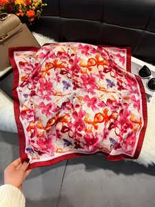 Elegant French Style Floral Print Scarf, 70cm Square Silk Headscarf for Women, Spring Summer Versatile Wrap, Stylish Necktie