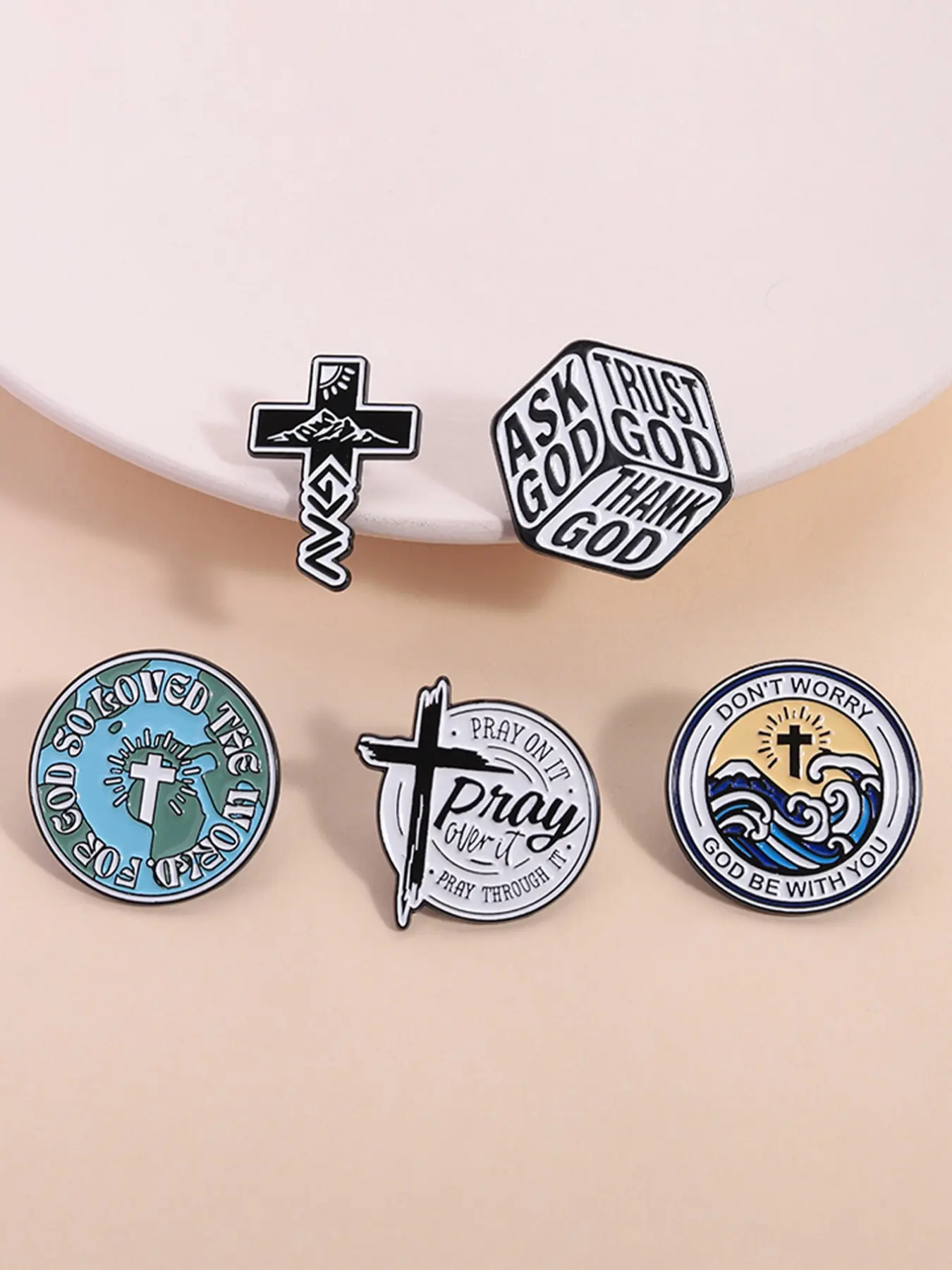 5 Piece Christian Theme Brooch Set, Bible Verse Pins, Lapel Pin, Cross Faith Badges, Emblem Badge Decoration, Enamel Painted Craft, Simple Religious Style Accessories, Craftsmanship, Painting, Jewelry