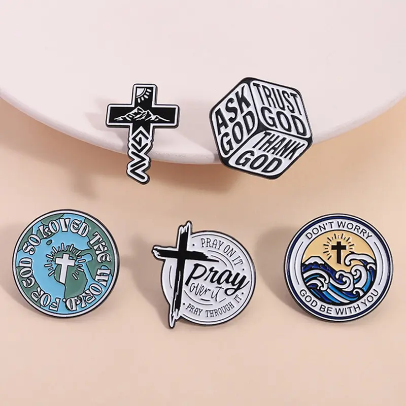5 Piece Christian Theme Brooch Set, Bible Verse Pins, Lapel Pin, Cross Faith Badges, Emblem Badge Decoration, Enamel Painted Craft, Simple Religious Style Accessories, Craftsmanship, Painting, Jewelry
