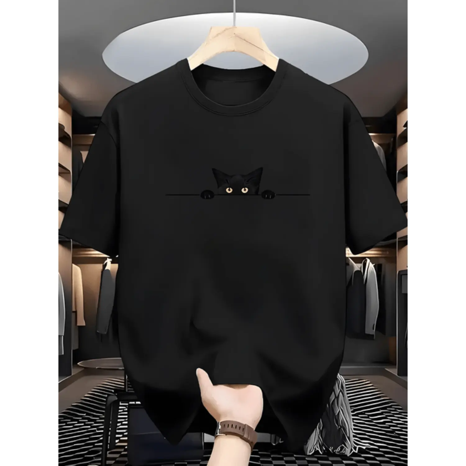 Men's Stylish Black T-Shirt - Menswear Crew Neck (Round Neck) Short Sleeve (Shortsleeve) Soft Polyester Top, Summer Essential Casual Sports Top with Comfortable Fit