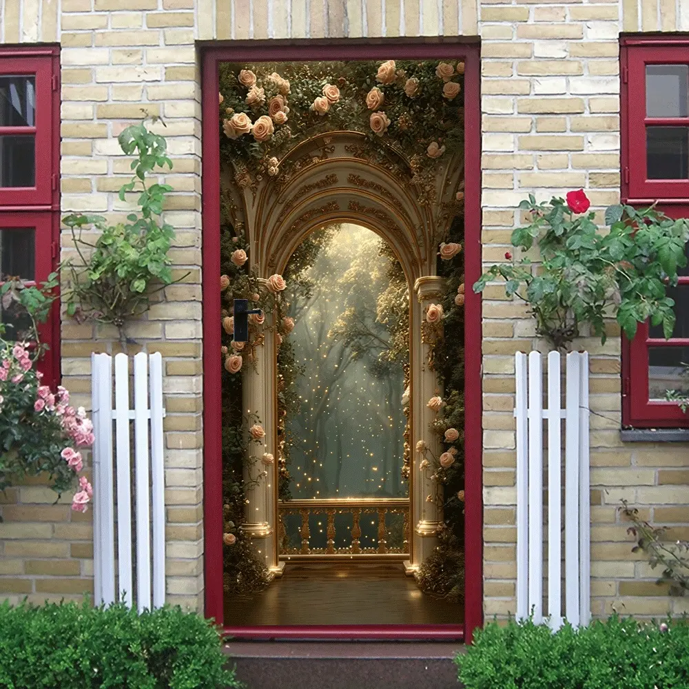 2pcs French Vintage Carved Archway Wall Sticker Stereo Rose Vine Flower Design Decorative Sticker Self Adhesive Wallpaper for Living Room Entrance Background Wall Bedroom Romantic Wall Decal Removable Waterproof Stick