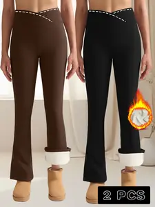 Women's High Waist Yoga Pants Set, Fleece Lined Flare Leggings, Thick Warm Winter Workout Clothes, Casual Loose Fit Design, Stretchy High Waist