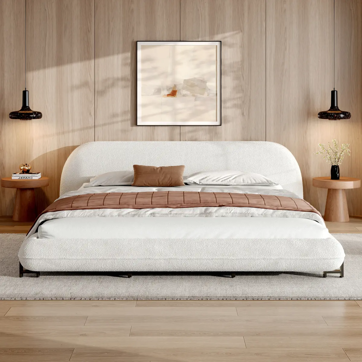 White California King Size Sturdy Steel-Wood Platform Bed Frame - Premium Boucle Fabric, Curve-Shape Thick Headboard, Foam Padding, 109.79 lbs, 92.52 x 83.27 x 27.56 in, Multiple Components, Quick Setup, Assembly Required