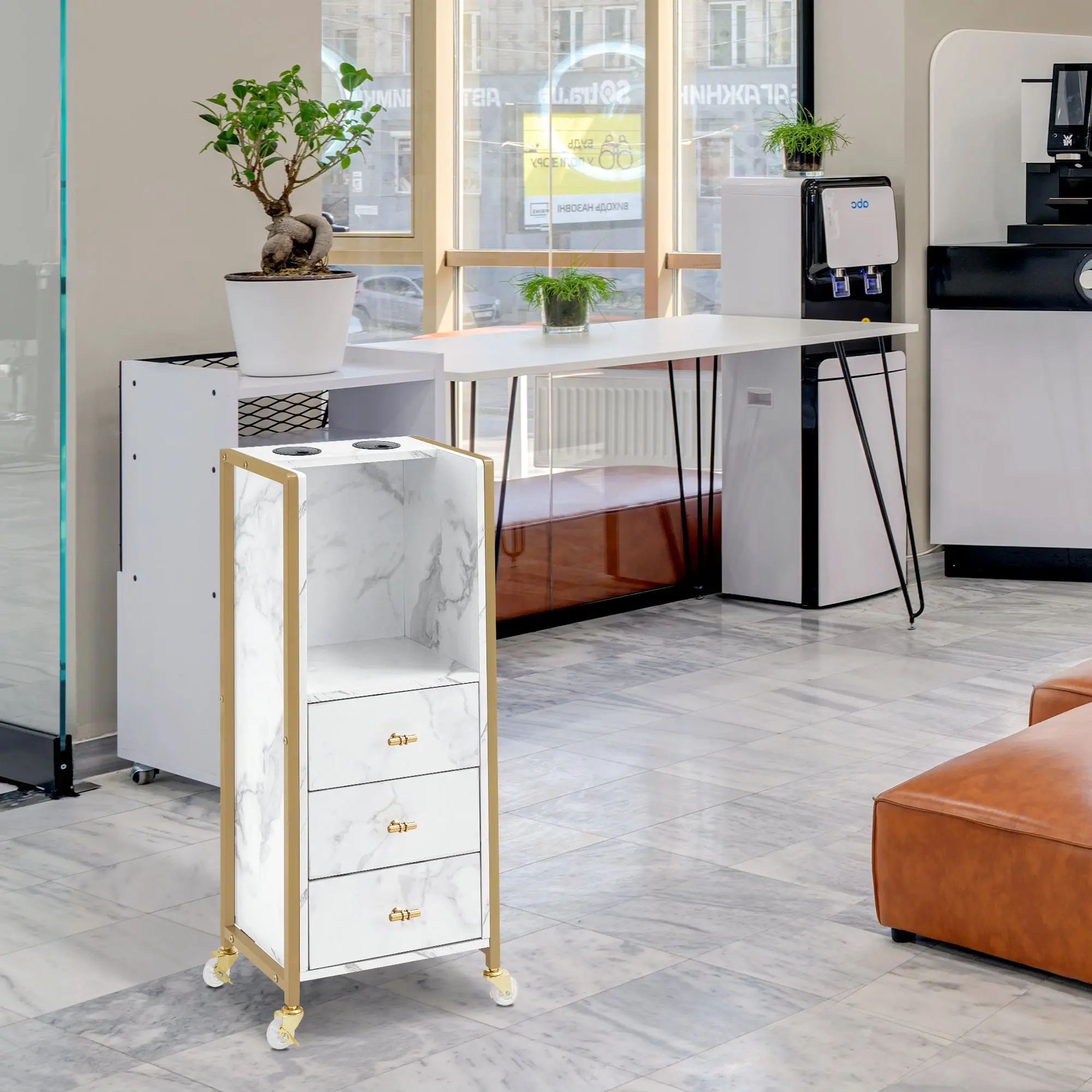 BarberPub Modern Commercial Salon Furniture Hair Styling Trolley (Model 2476) - Lockable Wheels, Drawers, Storage Utility Cart, Tool Holder