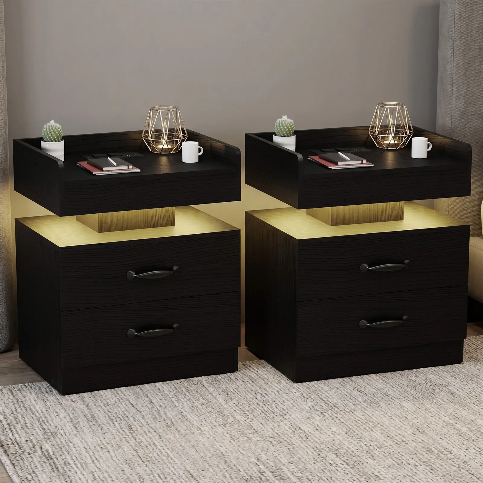 Nightstand Set (Set of 2) — Modern Black Bedside Tables with Charging Station and LED Lights; Nightstands with 2 Wooden Drawers — Side Table Set for Living Room/Bedroom