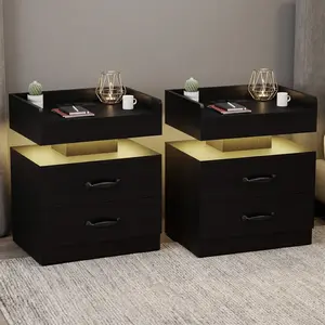 Nightstand Set (Set of 2) — Modern Black Bedside Tables with Charging Station and LED Lights; Nightstands with 2 Wooden Drawers — Side Table Set for Living Room/Bedroom
