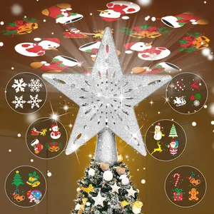Lighted Christmas Tree Topper with 6 Projection Modes Silver 3D Glitter Christmas Star Tree Topper Built-in LED Rotating Lights for Xmas Party Holiday Decorations