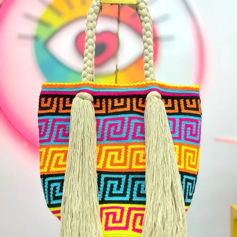 Handwoven Rapunzel Wayuu Tote Bag | Double Strap Crochet Shoulder Bag with Long Tassels | Artisan Boho Handbag