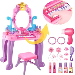 Vanity Makeup Table Toy for Kids Toddler Girl Pretend Play Makeup Accessories Princess Dress Up Set with Music Piano Lights Adjustable Mirror Hairdryer Mermaid Table Chair Kit Birthday Gift