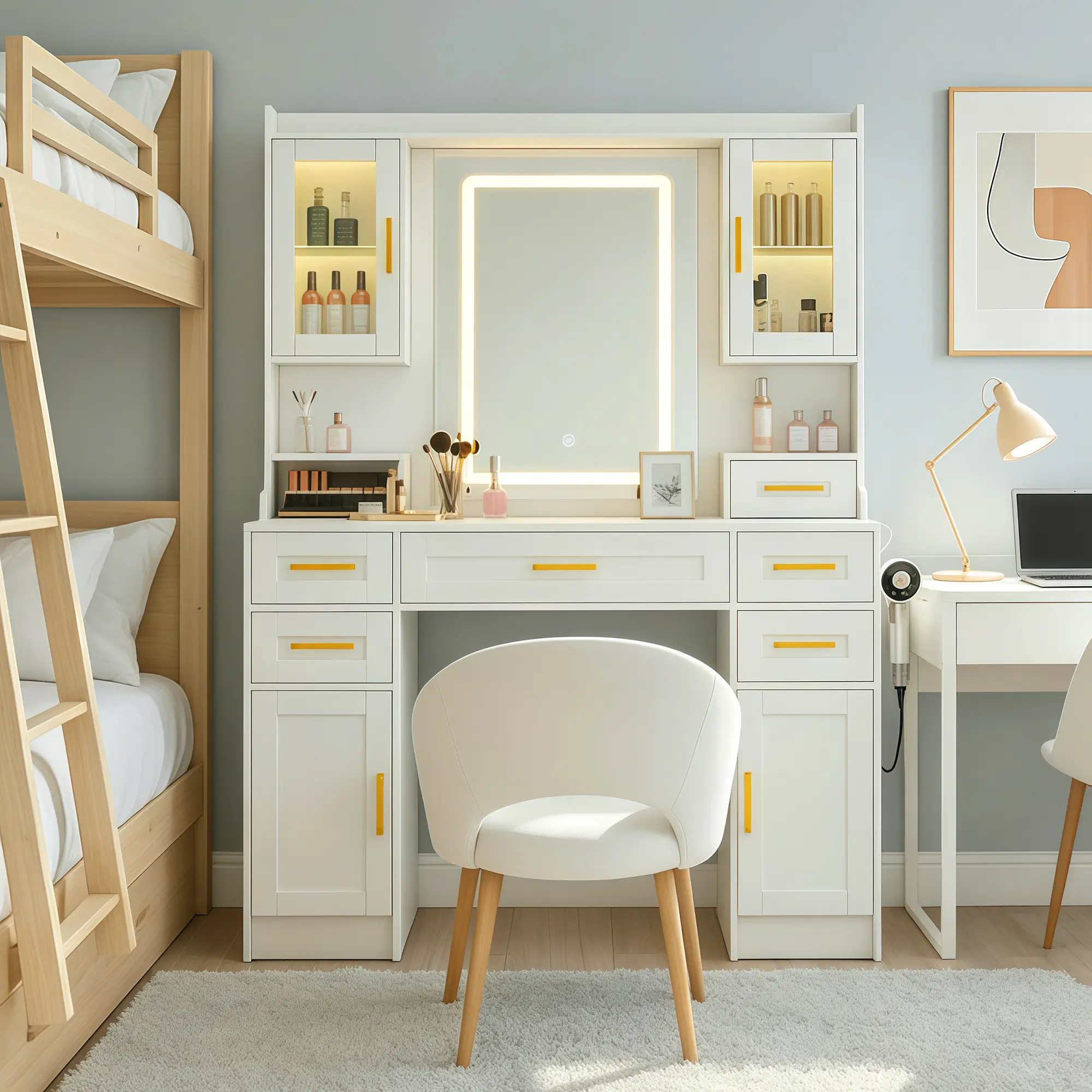 Large Makeup Vanity Table With LED Touch Control Mirror Lights, Big Bedroom Vanity Desk With Power Outlet, 4 Cabinets 5 Drawers 2 Open Shelves, Floor Makeup Dresser, Perfect Gift For Women