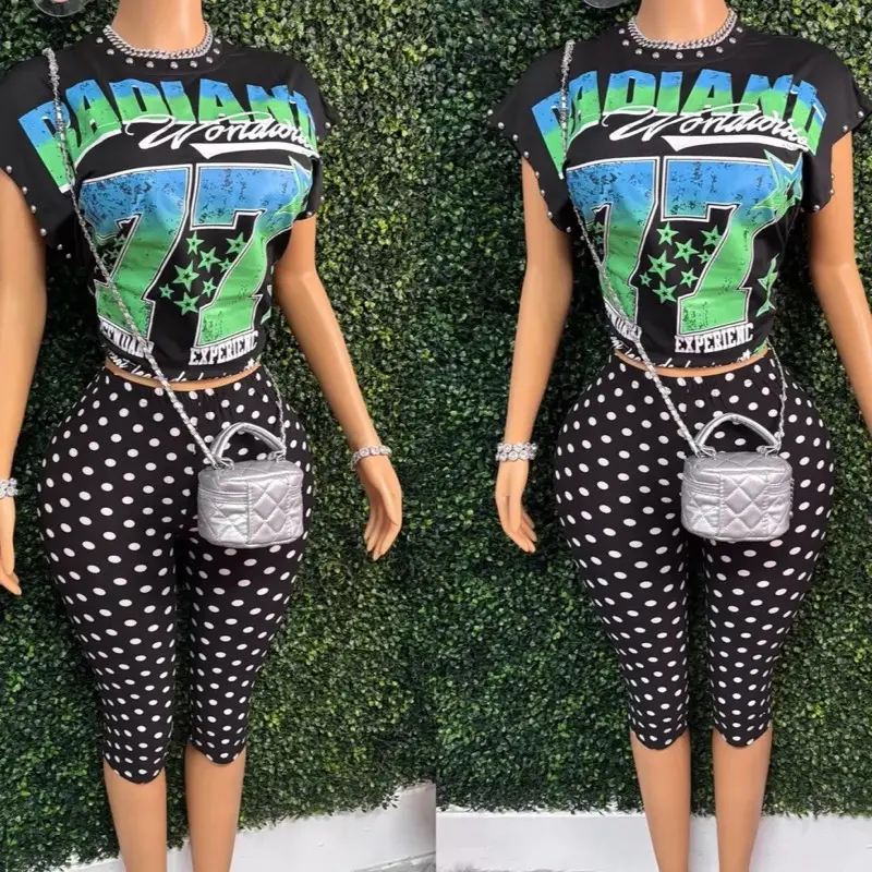 Polka dot cropped leggings and graphic tee