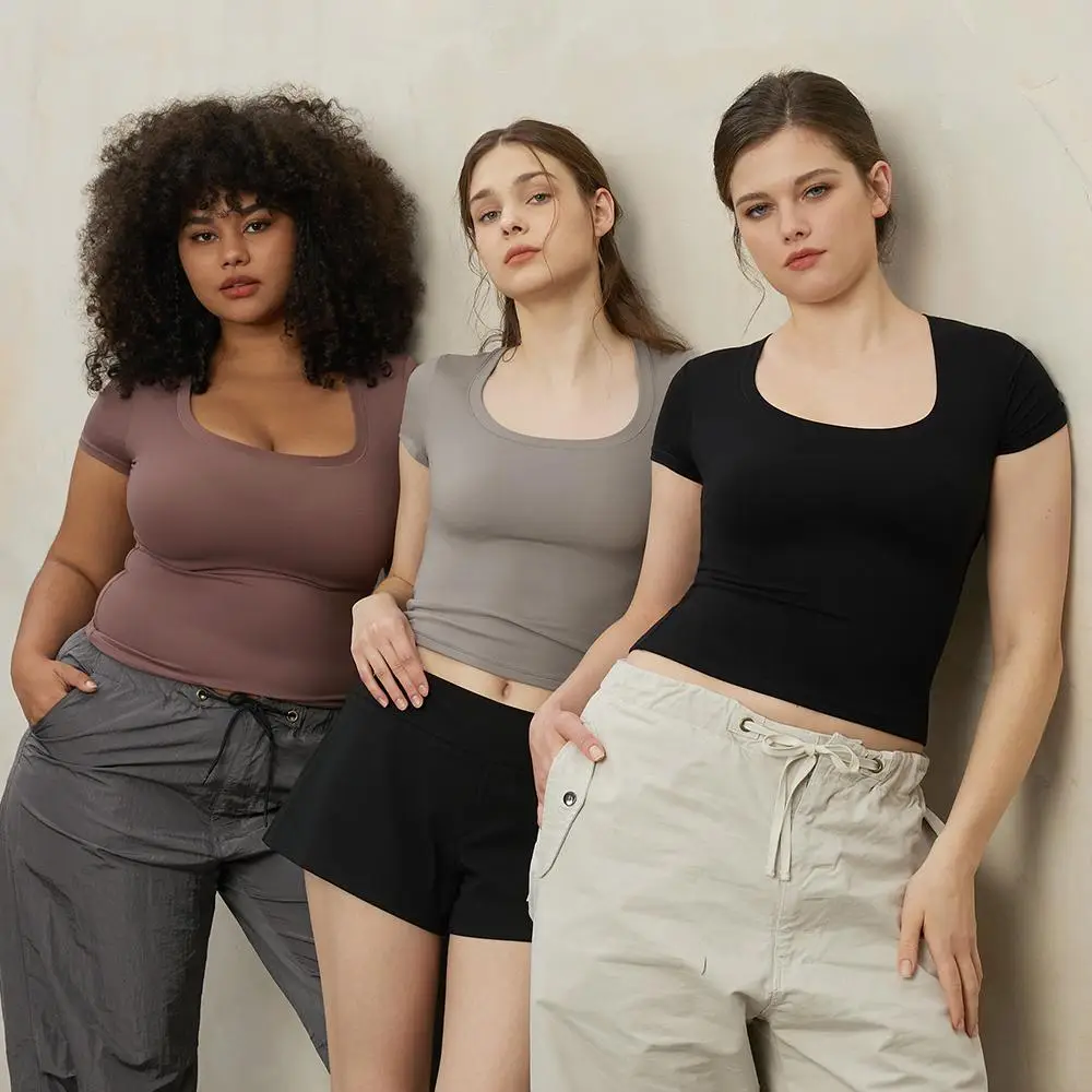 PUMIEY 【NEW】Scoop Neck Women's T Shirts Short Sleeve Basic Going Out Tops Fashion Slim Fit Tee Breathable Comfort Cute Shirts Neck Top Cotton Fabric S