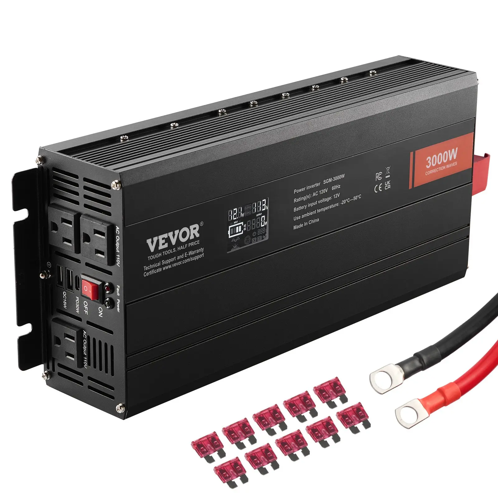 【Summerfinds】VEVOR 3000W Energy Efficient Modified Sine Wave Home Inverter - DC 12V to AC 120V, LCD Display, 3 AC Outlets, 2 USB Ports, 1 Type-C Port, 10 Spare Fuses, for Large Household Equipment, CE FCC Certified, Energy Efficient Inverter