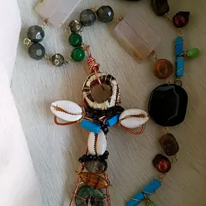 Cowrie Shell Talisman Pendant Protection Ancestral Grounding with Pearl, Turquoise,Tigers Eye, Jade, Pyrite, Snow Quartz, Black Agate Stones