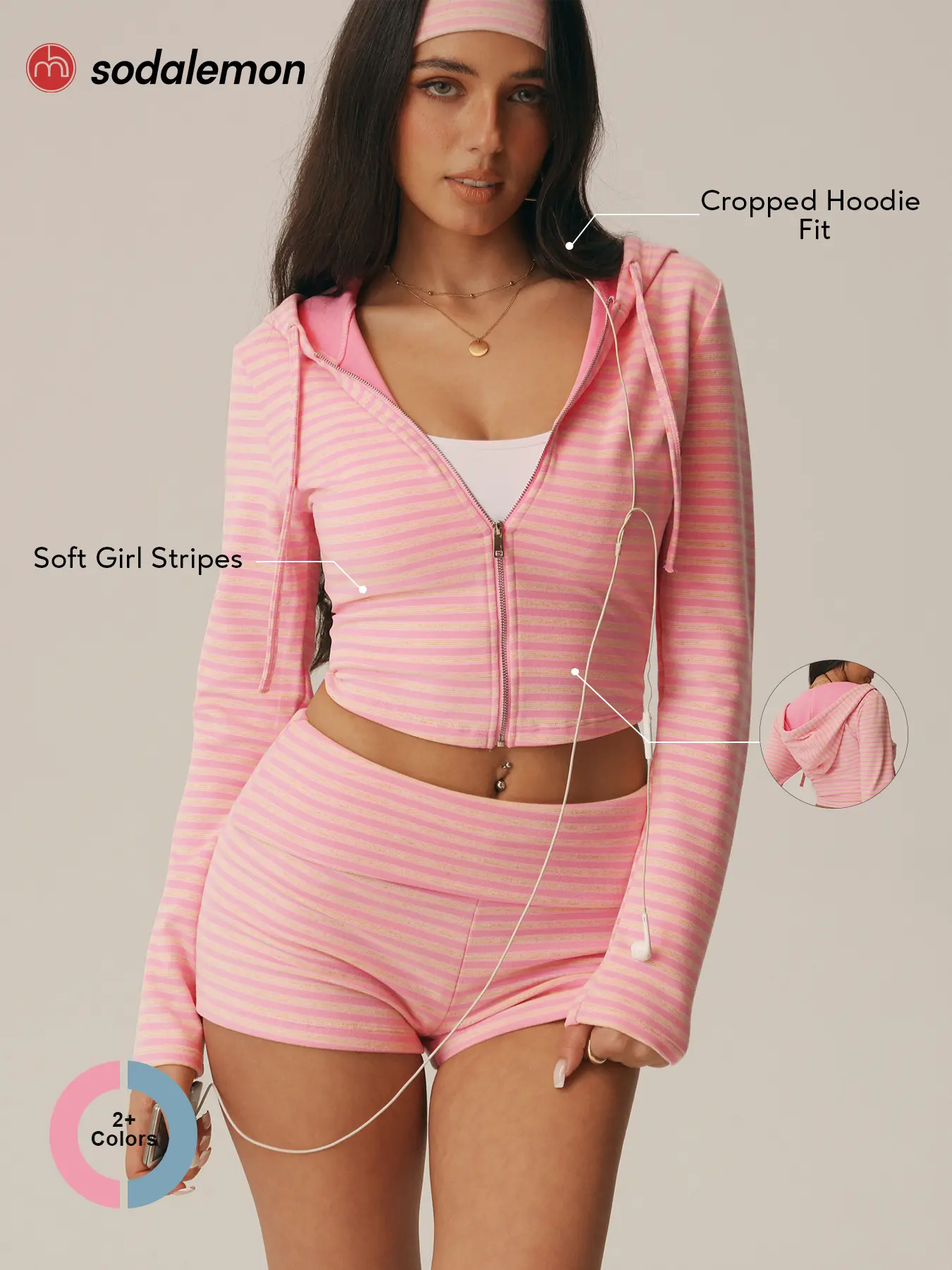 Sodalemon Women, Striped Full Zip Cropped Hoodie Jacket, Long Sleeve Drawstring Activewear Top, Outdoor Casual Fitness Athleisure