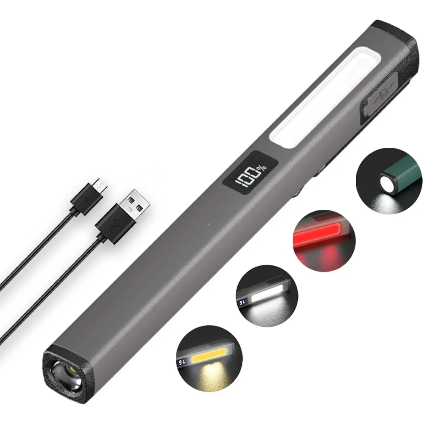 Small Rechargeable Pen Flashlights with COB Work Light, Portable LED Pocket Flashlight Bright Flashlights for Home, Car, Emergencies, with USB-C Charge, 6 Light Modes, LCD Display (Grey)